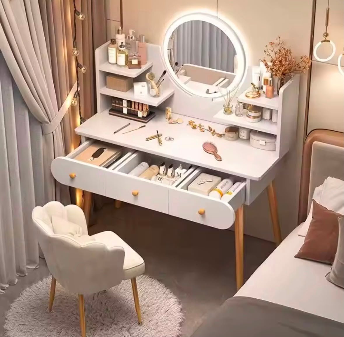 Coiffeuse moderne LED avec miroir, tiroirs et chaise rembourrée