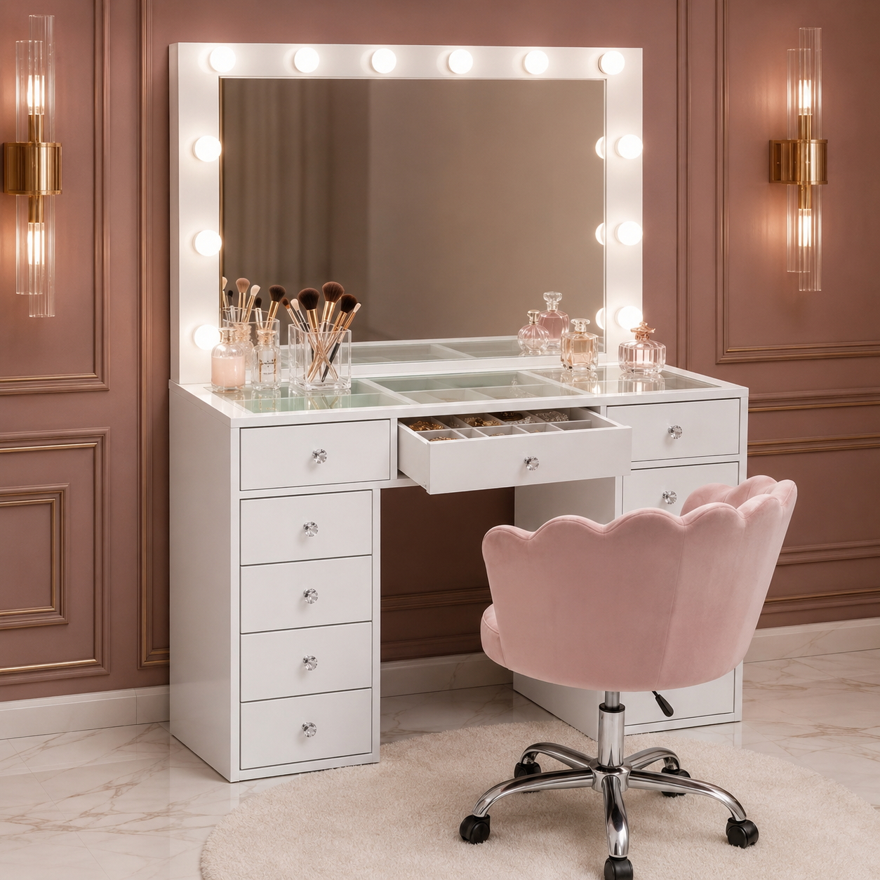 Coiffeuse Hollywood avec miroir LED et tiroirs de rangement