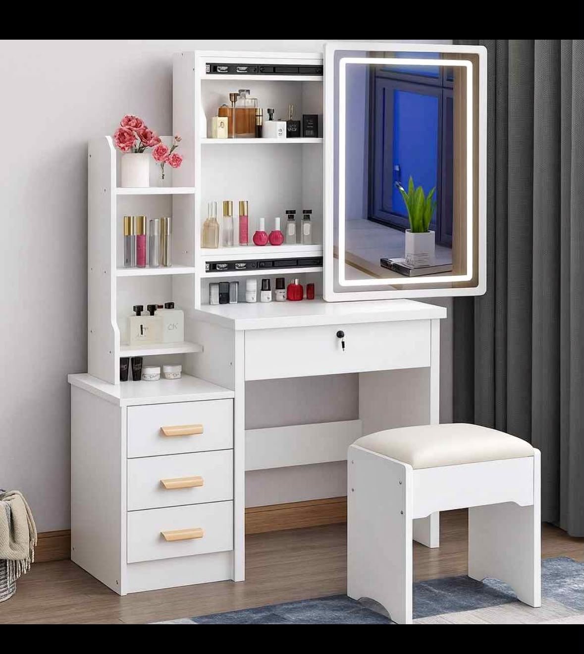Coiffeuse blanche moderne avec miroir LED coulissant et étagères latérales