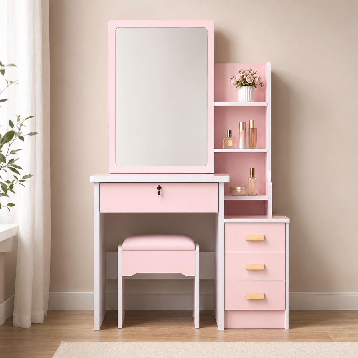 Coiffeuse moderne LED avec meuble de rangement, miroir et tabouret
