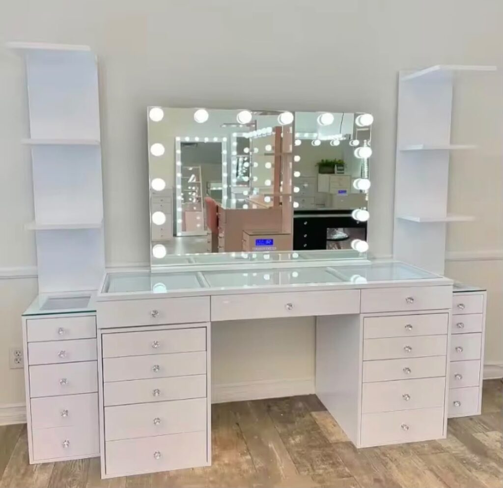 Premium Hollywood Vanity Station with Bulb Mirror, Side Tower Shelves & Crystal Knobs