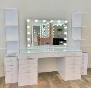 Premium Hollywood Vanity Station with Bulb Mirror, Side Tower Shelves & Crystal Knobs