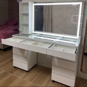 Professional Vanity Table with Glass-Top Organizer Trays & LED Mirror