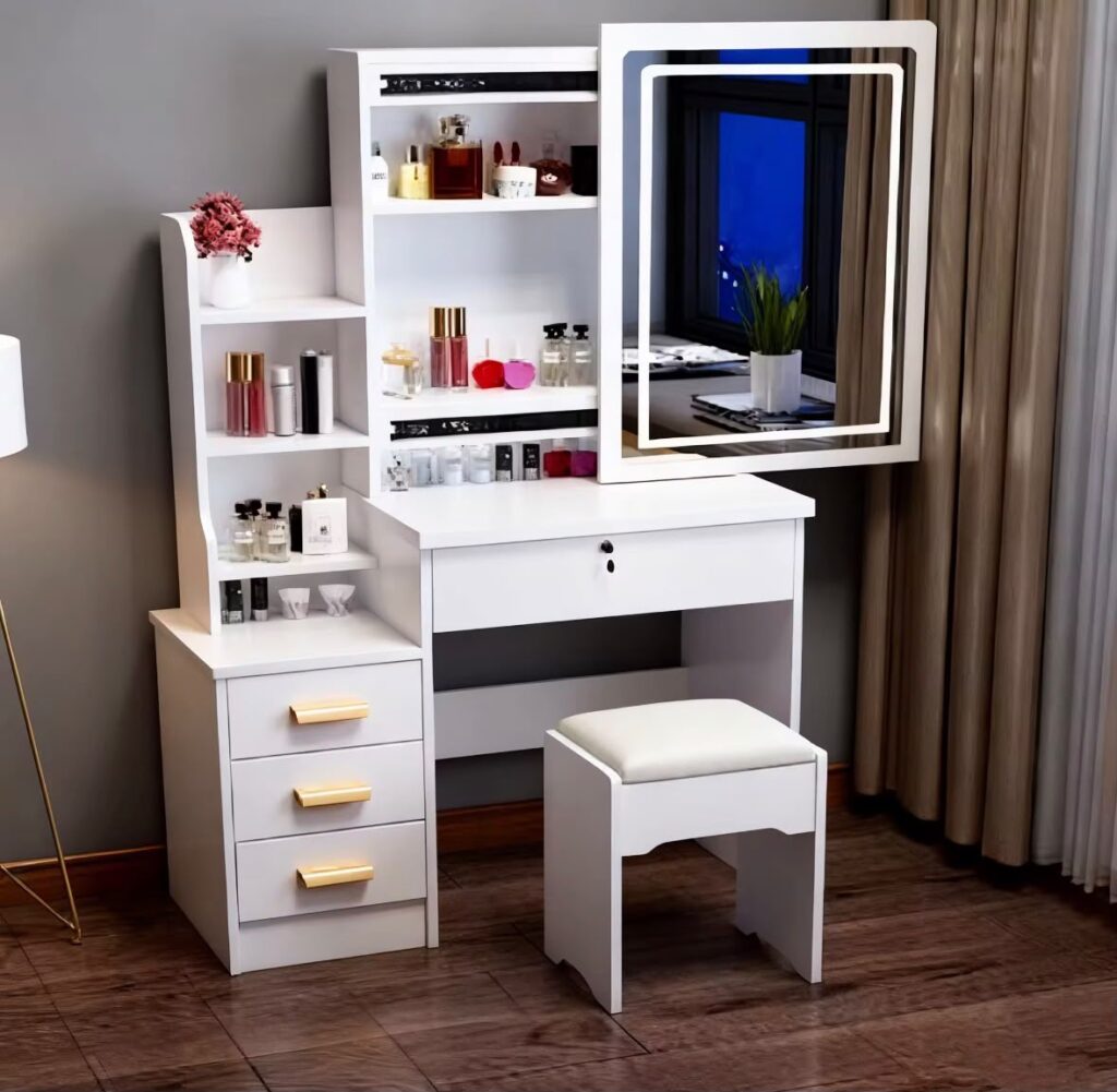 Modern White Dressing Table with Sliding LED Mirror & Side Shelves