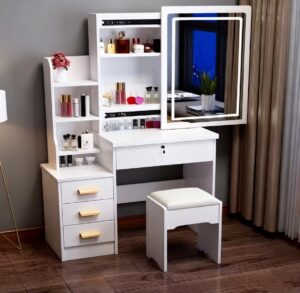 Modern White Dressing Table with Sliding LED Mirror & Side Shelves
